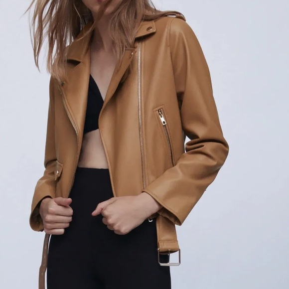 Zara bloggers favourite Women Faux Leather Biker Jacket Light Camel Size L - Picture 3 of 15